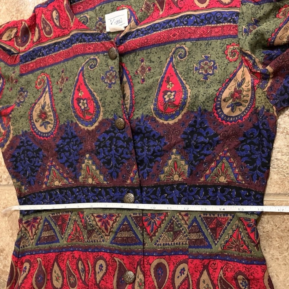 Vintage 70s 80s Kurai Paisley Rayon Dress Made in USA Boho Button Front Size 10 - Picture 8 of 10